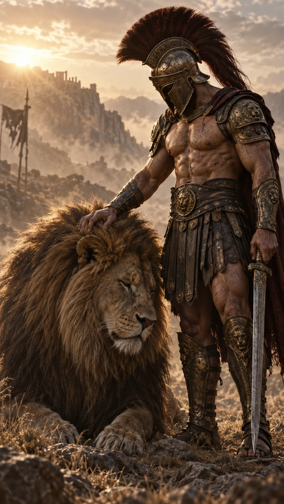 Ancient Warrior And Lion