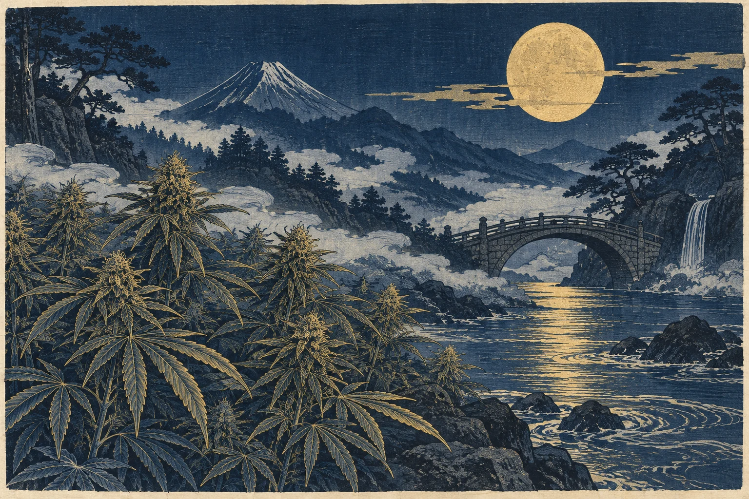 Golden Moon Woodblock Landscape